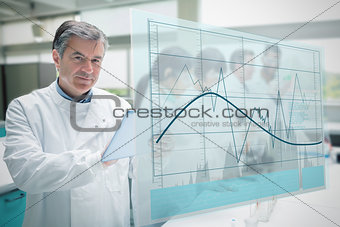 Confident scientist working with tablet and futuristic interface showing graph