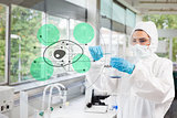 Scientist in protective suit working with green cell diagram interface