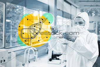 Scientist in protective suit working with dna diagram interface