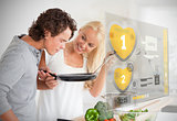 Couple preparing dinner using futuristic interface