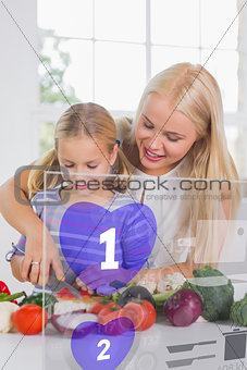Mother and daughter chopping vegetables with purple holographic interface