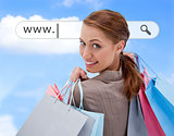 Woman looking over her shoulder with shopping bags under address bar