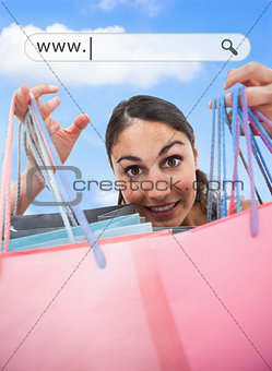 Woman holding up her shopping bags under address bar