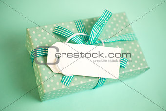Green gift wrapped box with blank tag