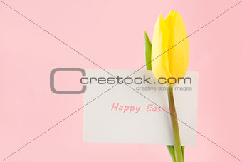 Yellow tulip with a Happy Easter card written in pink