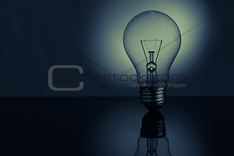 Light bulb standing on bright reflective surface