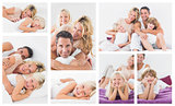 Collage of family in bed