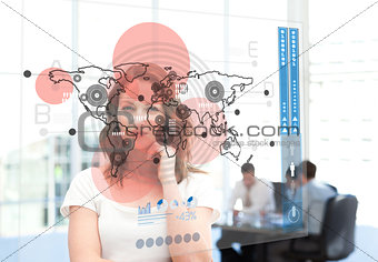 Smiling businesswoman looking at red map interface