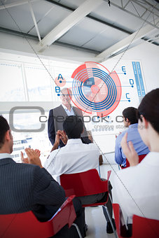 Business people clapping stakeholder standing in front of diagram interface
