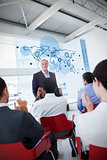Business people clapping stakeholder standing in front of map diagram interface