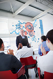 Business people clapping stakeholder standing in front of blue map diagram interface