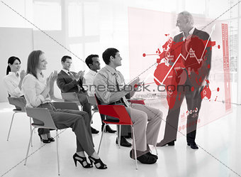 Business people clapping stakeholder standing in front of red map futuristic interface