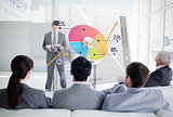 Business people listening and looking at colorful pie chart interface