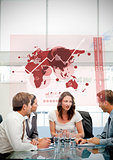 Business workers using red map diagram interface