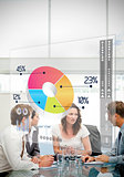 Business workers using colorful pie chart interface
