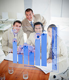 Overview of cheerful colleagues using blue chart interface