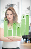 Confident blonde businesswoman using green chart interface