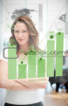 Confident blonde businesswoman using green chart interface