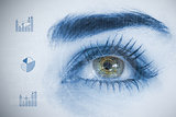 Close up of woman eye analyzing chart interfaces