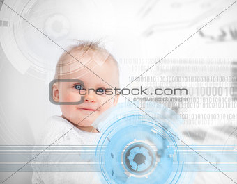 Portrait of a cute baby in the middle of futuristic interface