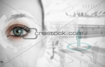 Close up of woman eye with futuristic interface