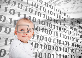 Baby sitting in front of binary codes