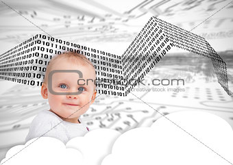 Portrait of a cute baby over clouds and binary codes