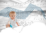 Baby sitting in cloud with jigsaw piece futuristic background