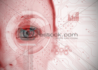Close up of woman eye analyzing chart interface with circuit board background