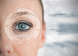 Close up of woman eye analyzing charts