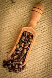 Wooden shovel of coffee beans
