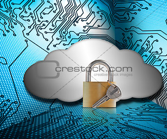 Padlock and key against grey cloud