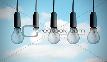 Five light bulbs in row