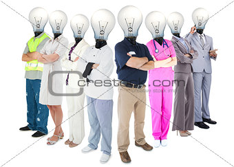 Different workers with light bulb heads