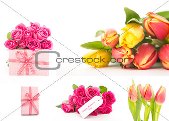 Collage of flowers and gifts