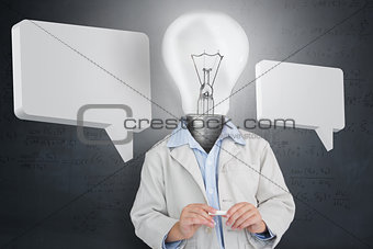 Man with light bulb for a head and two speech bubbles
