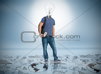 Student with light bulb for a head holding books