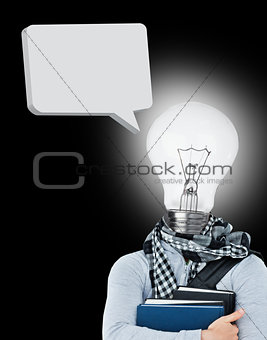 Student with a light bulb head and speech bubble