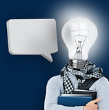 Student with a light bulb head and blank speech bubble