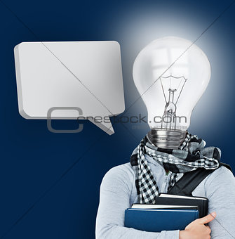 Student with a light bulb head and blank speech bubble