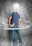 Student with light bulb head standing against circuit board background