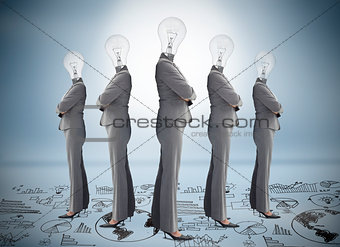 Businesswoman with bulb head multiplied standing on floor of graphs