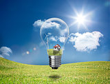 Light bulb showing house and turbines in a field