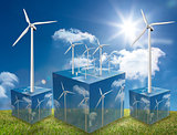 Wind turbines on cubes showing more wind turbines