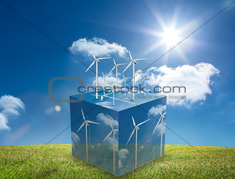 Wind turbines on cube showing more wind turbines