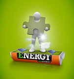 White figure holding jigsaw piece in a solar field in an energy saving battery