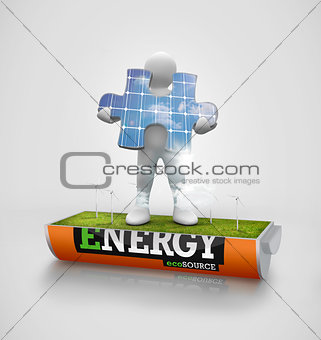 White figure holding solar panel jigsaw piece in a wind turbine field in an energy saving battery