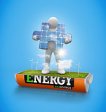 Character holding solar panel jigsaw in a wind turbine field in a battery