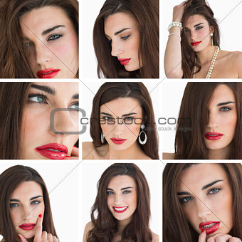 Collage of attractive brunette with red lipstick