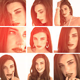 Collage of attractive brunette with red lipstick in sepia